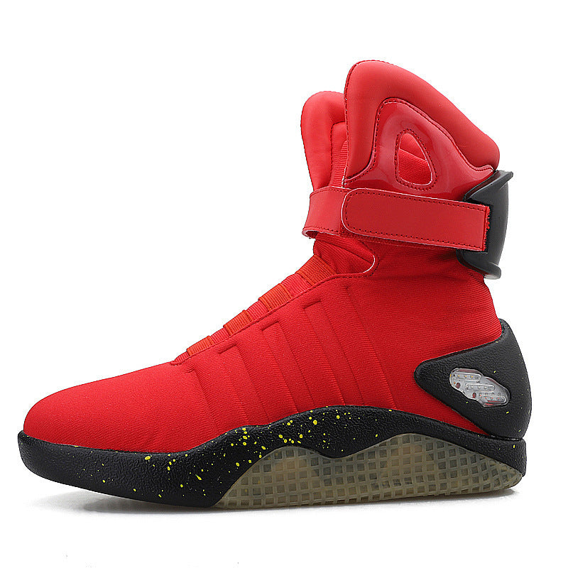 Red high-top sneaker with black sole on a white background