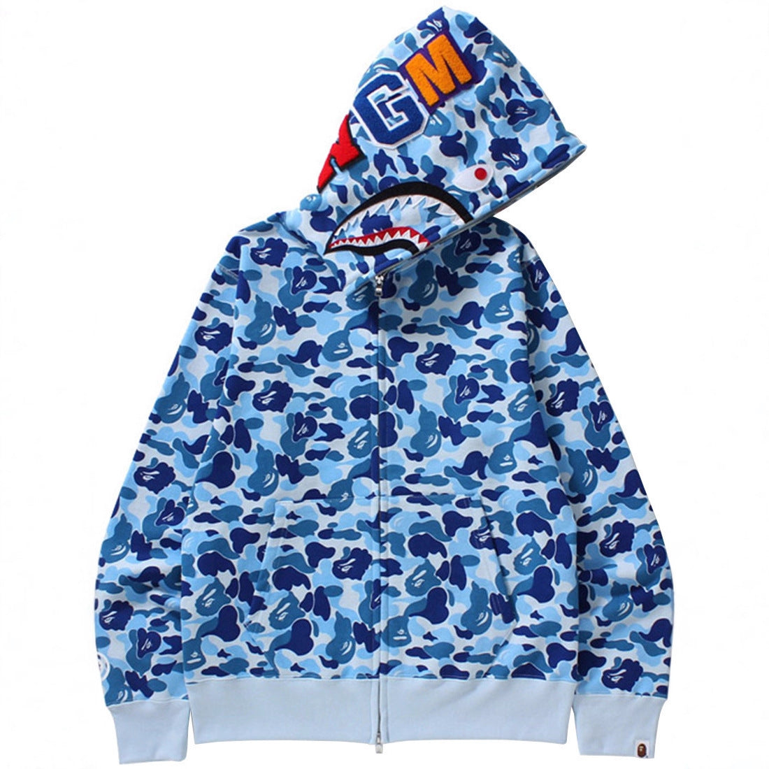 Blue camouflage hoodie with a brand logo on a white background