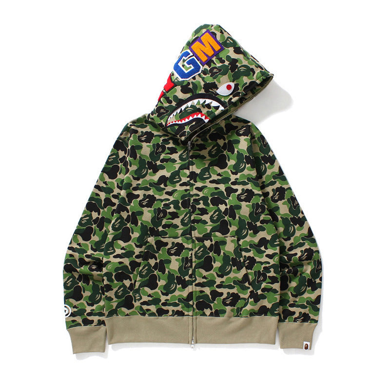 Camouflage hoodie with colorful logo on hood against a white background