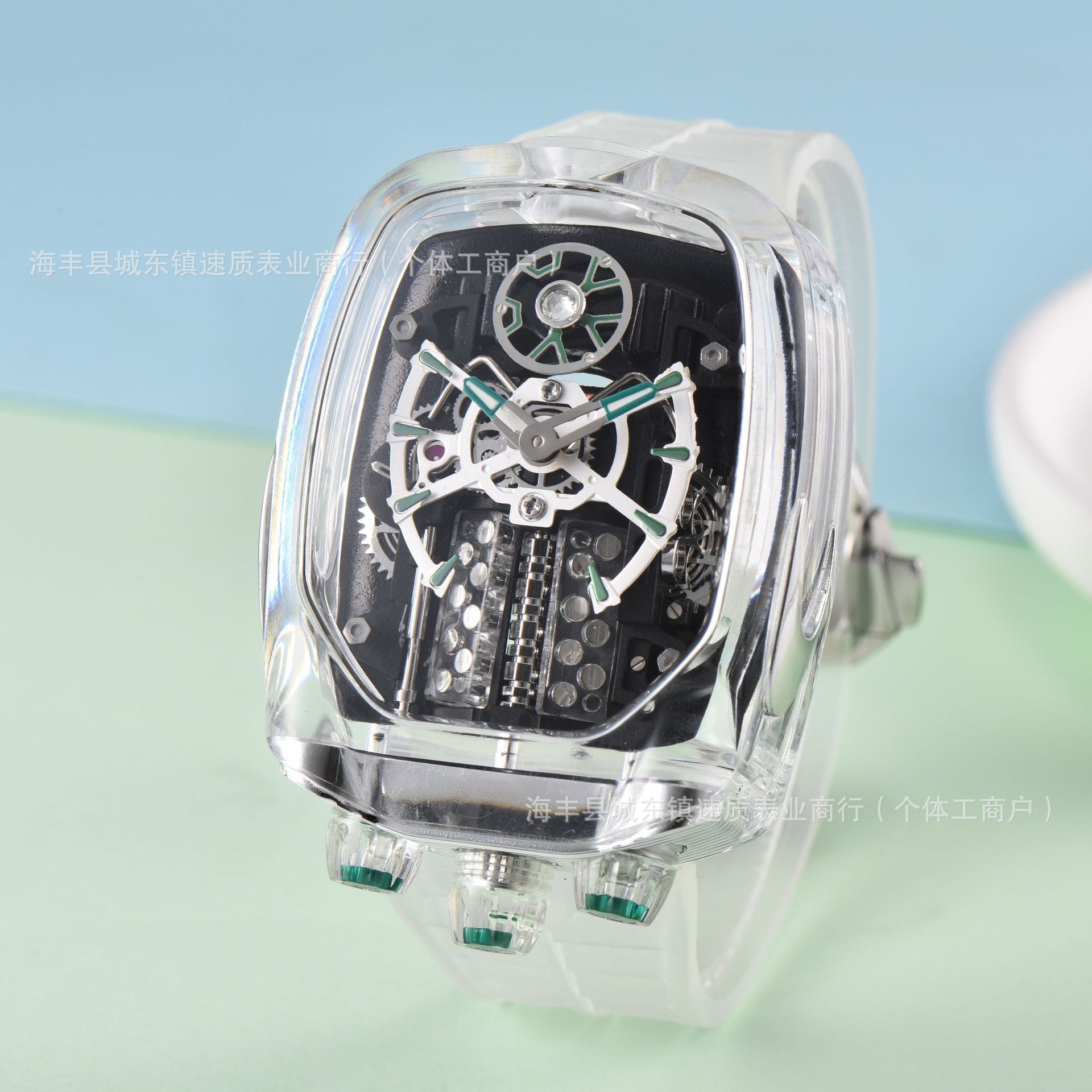 Transparent wristwatch with mechanical components on a light green background