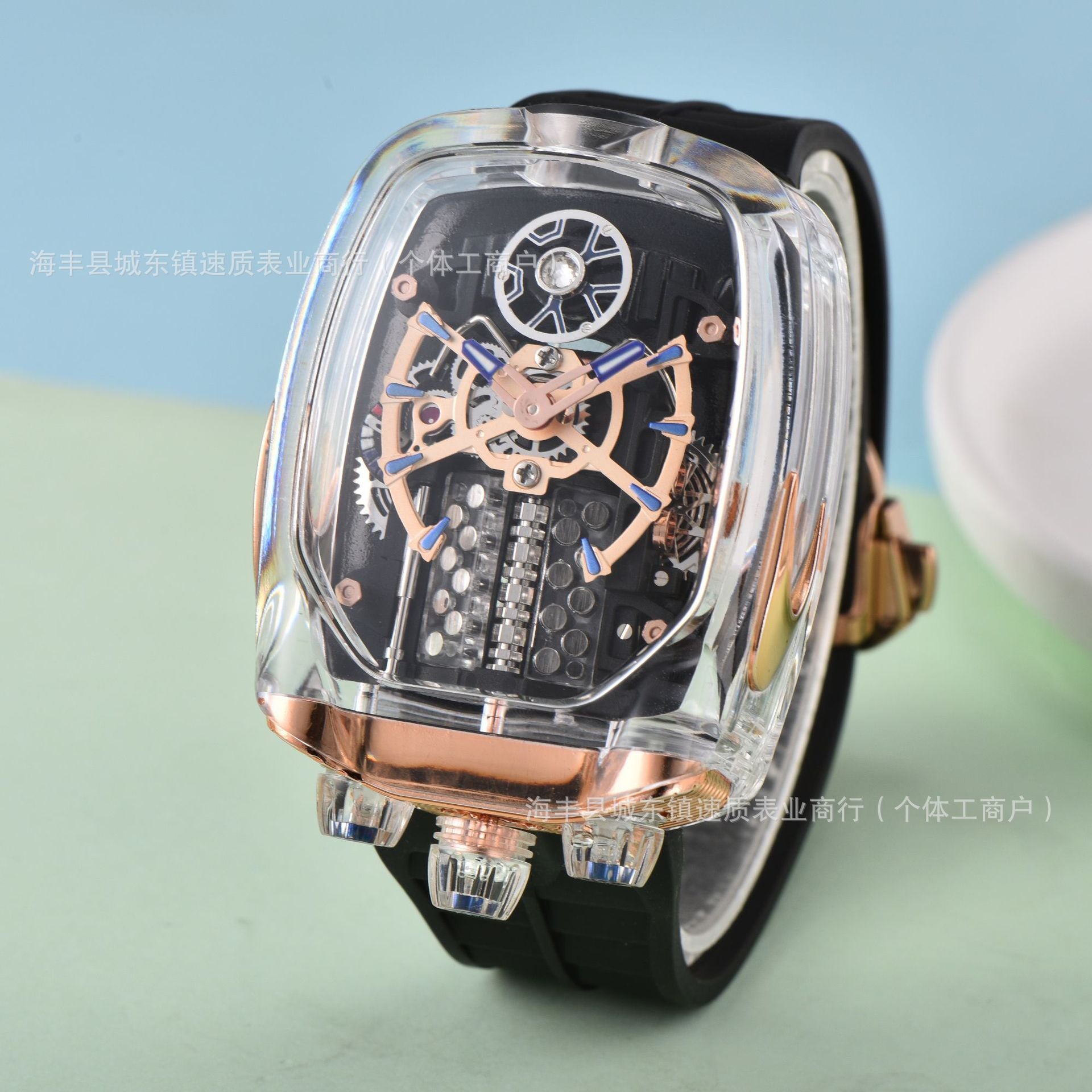 Luxury watch with transparent case on a light blue and green gradient background