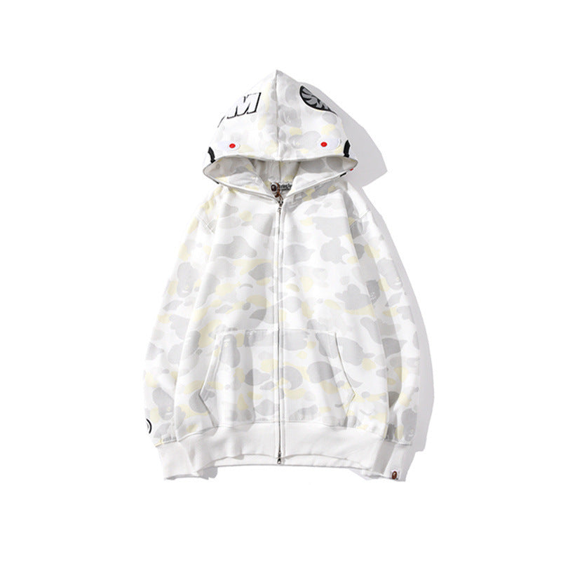 White hoodie with colorful patterns on a white background