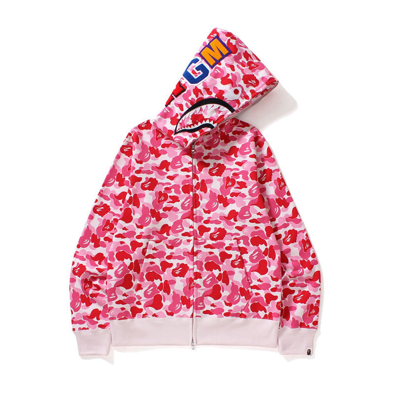 Pink camouflage hoodie with colorful logo on a white background