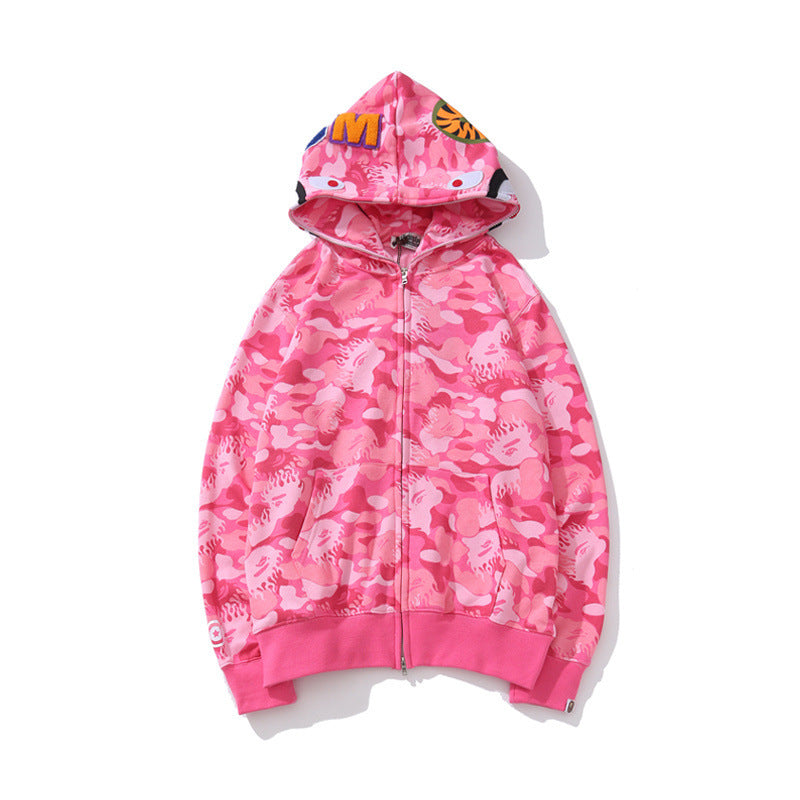Pink camouflage hoodie with colorful accents on a white background