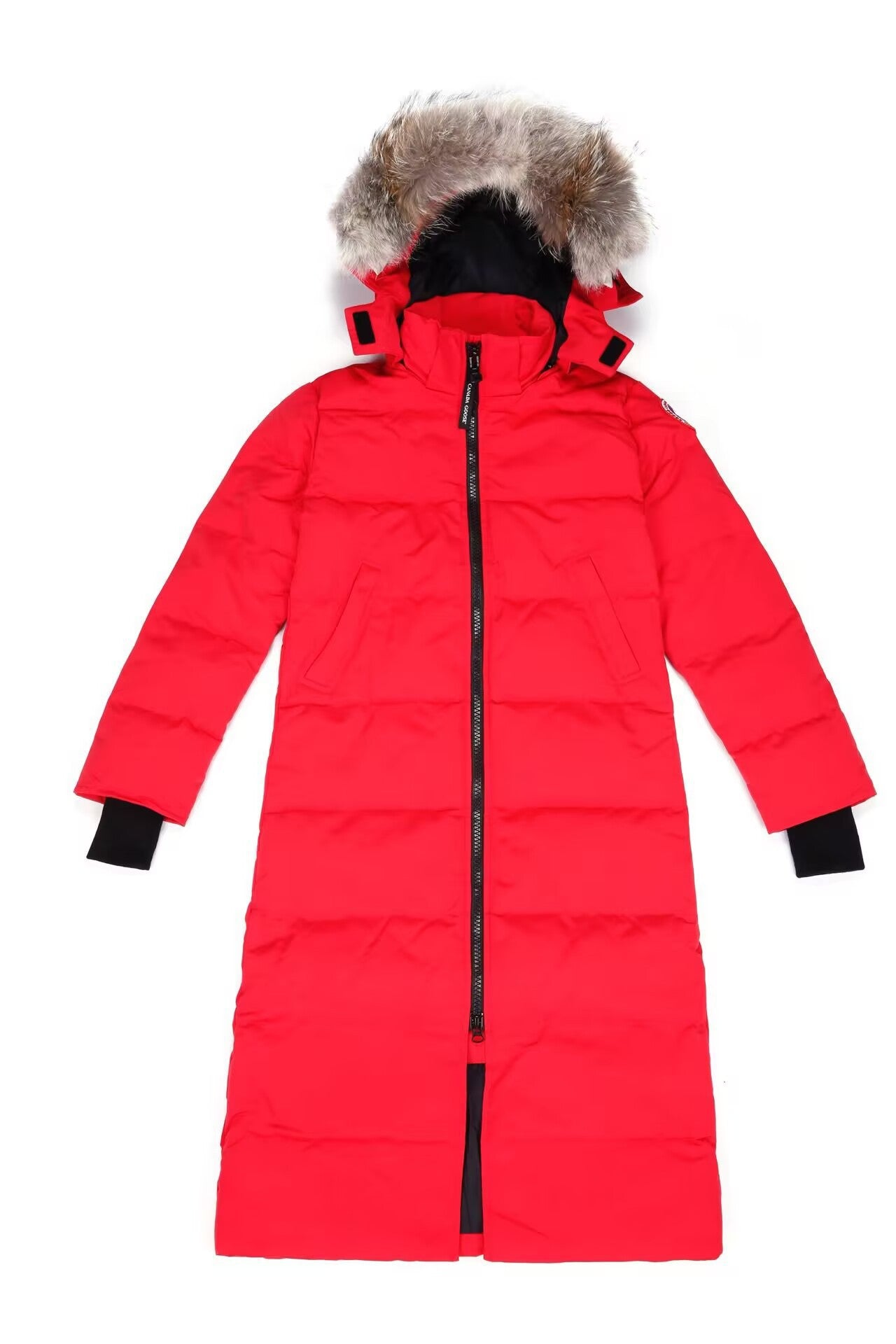 Red winter coat with fur hood on a white background