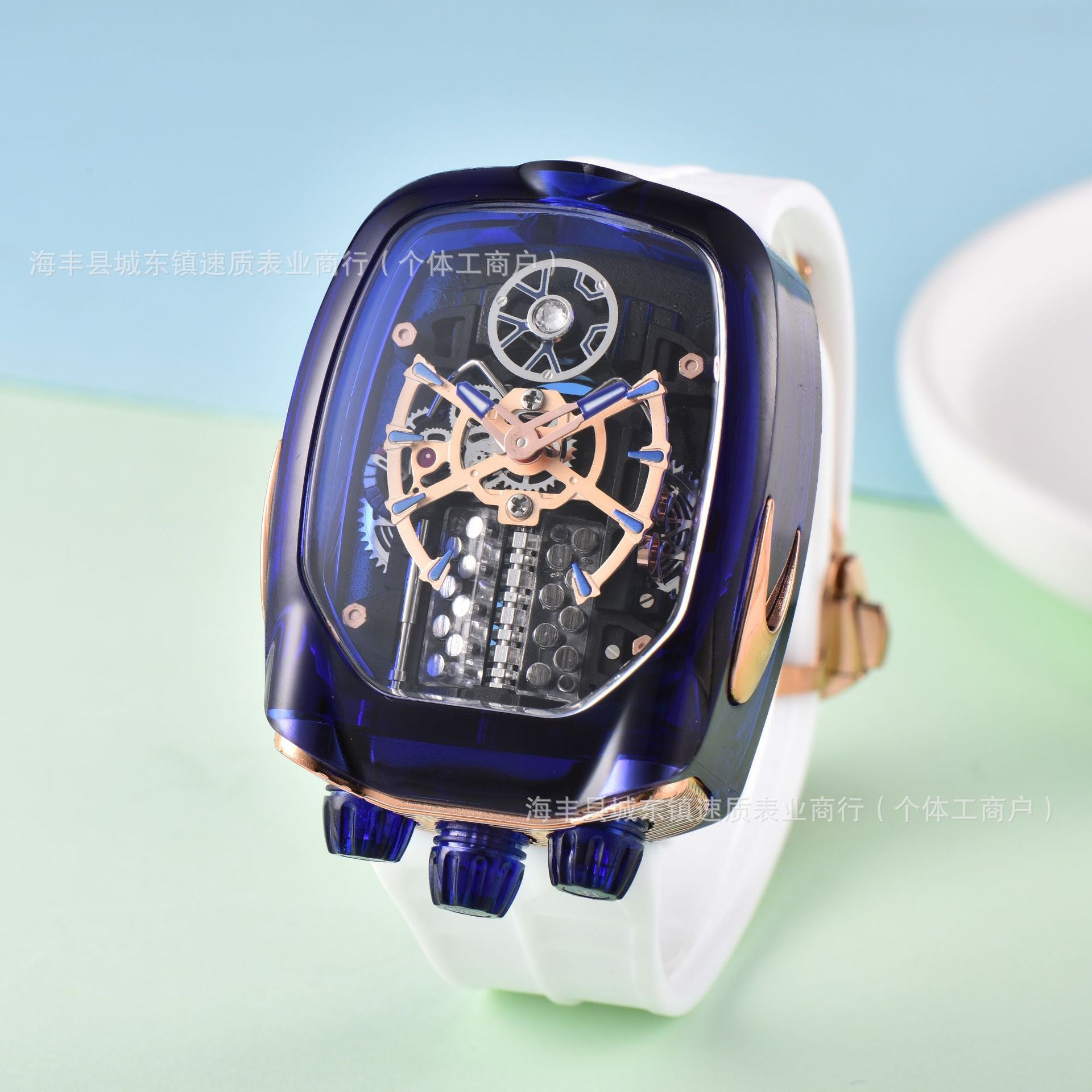 Luxury watch with transparent case on a light blue and green gradient background
