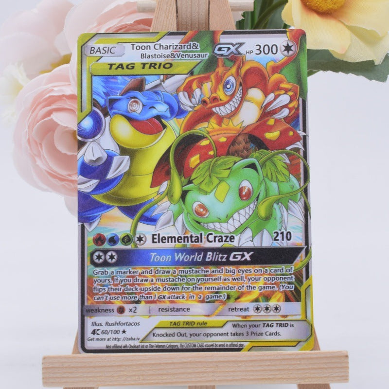 A Toon Charizard GX trading card from the Pokémon TCG, displayed upright on a small wooden stand with pink and yellow flowers in the background.