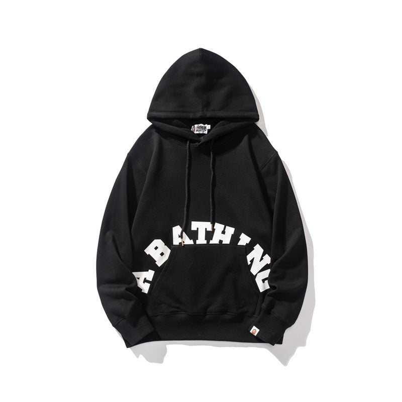 Black hoodie with white text on a white background