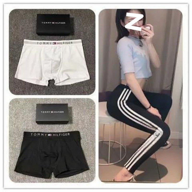 Collage of Tommy Hilfiger underwear with a person wearing black pants with white stripes.