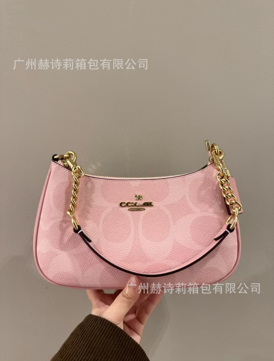 Pink handbag with gold chain held by a hand against a plain background