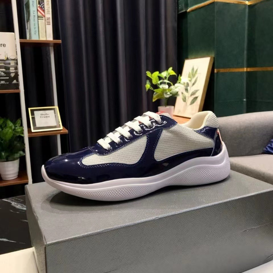 Blue and white sneaker on a gray box with a home interior background