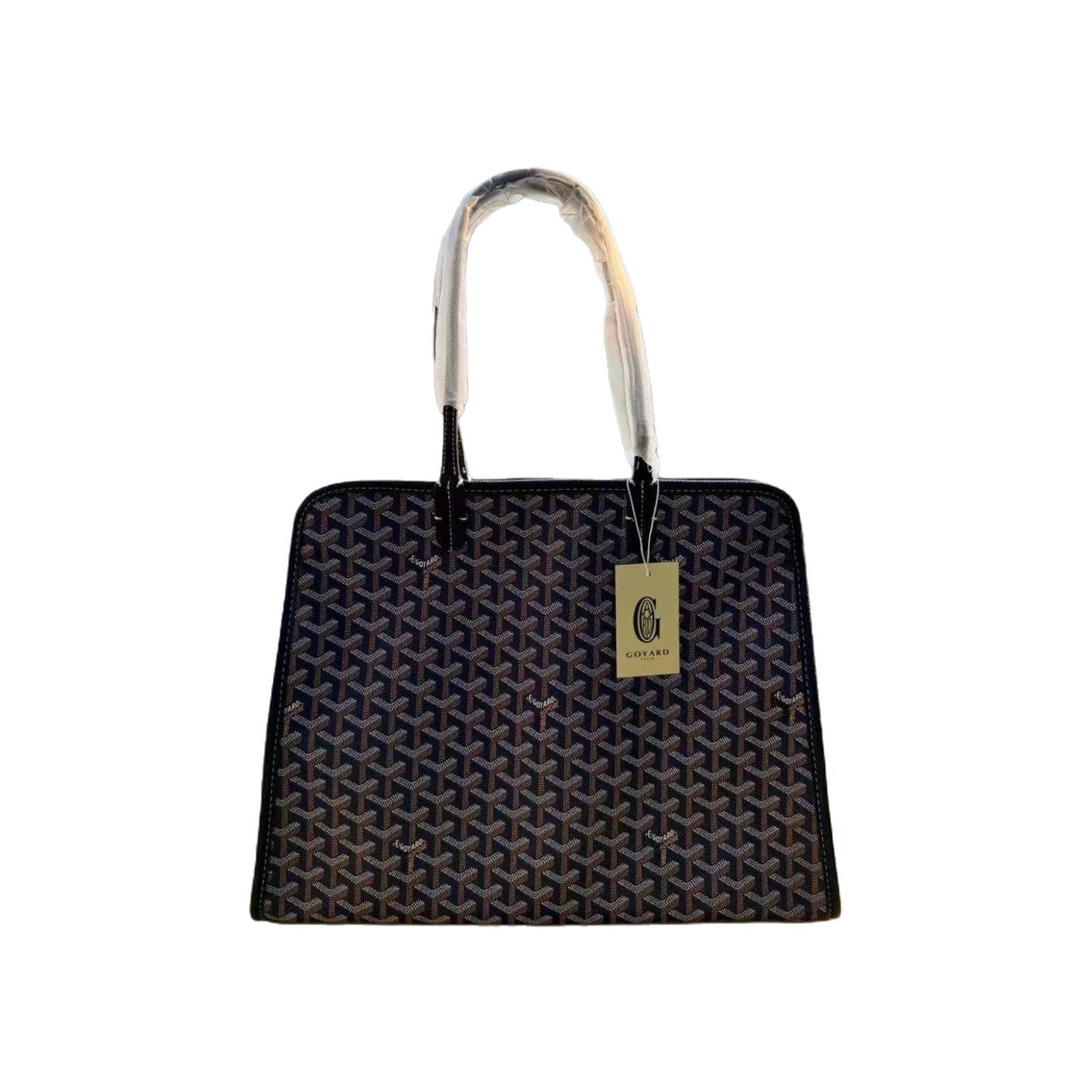 Designer handbag with a visible brand tag on a white background