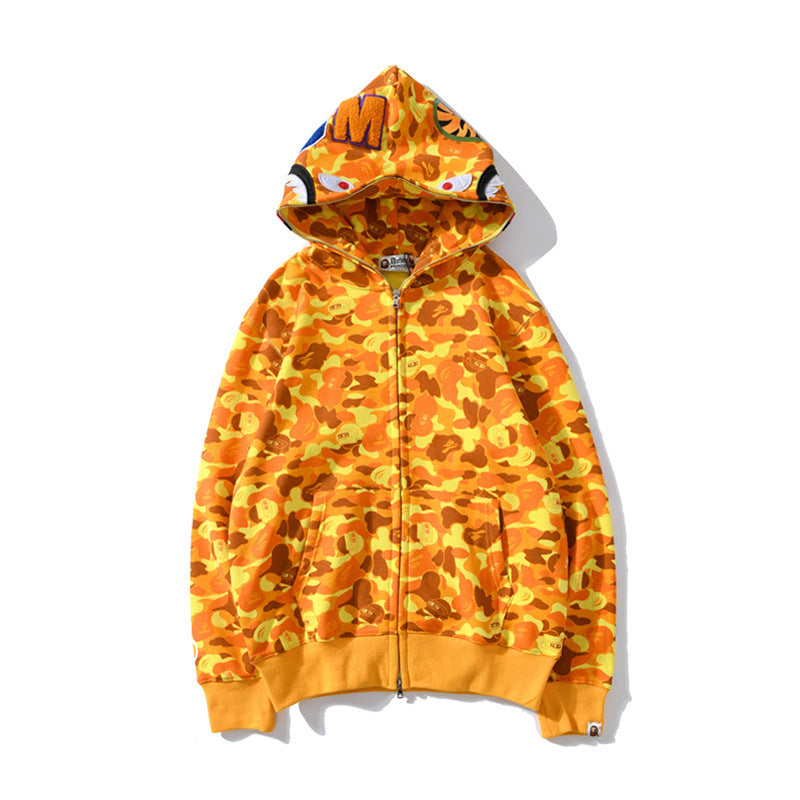 Orange and yellow camouflage hoodie on a white background