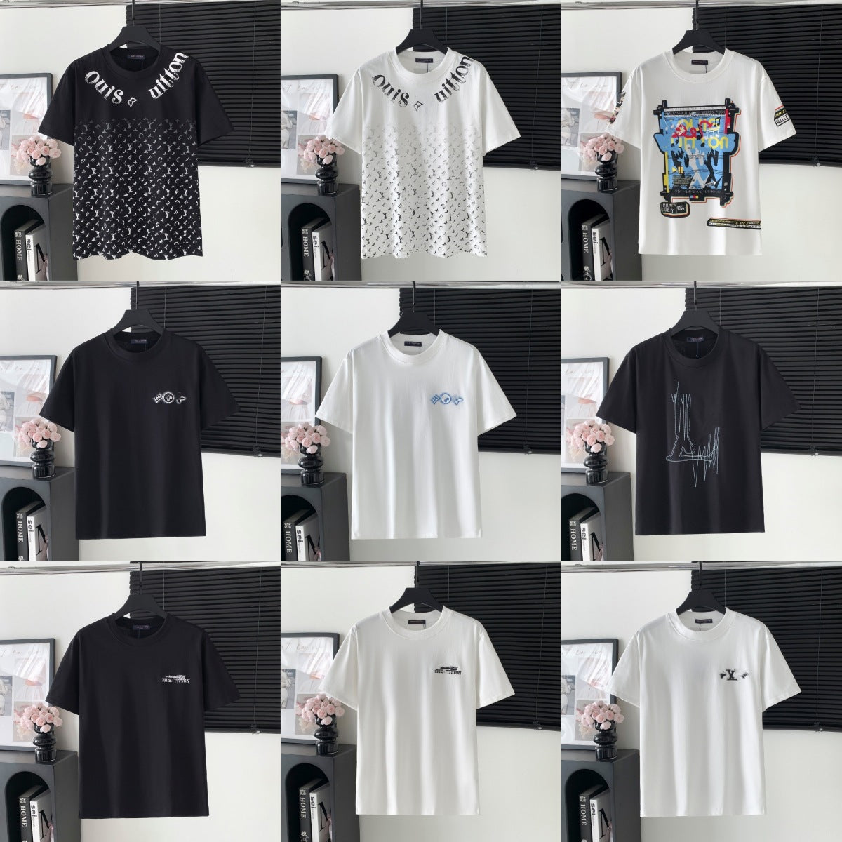 Grid of black, white, and patterned t-shirts on hangers against a neutral background.