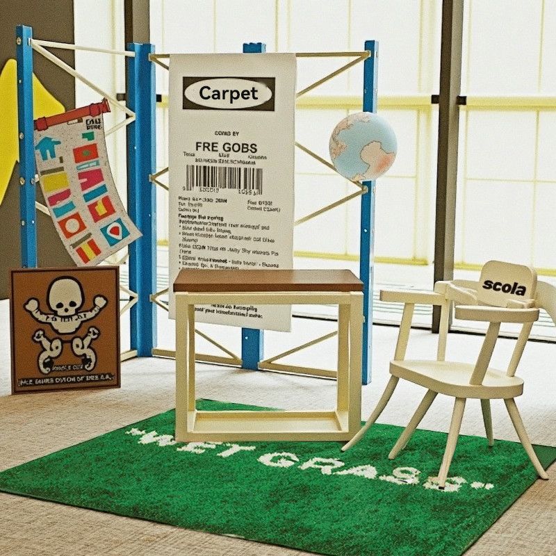 A styled interior scene showing a green rectangular rug with white 'WET GRASS' text, placed under a small wooden table and chair. The rug is the apparent product, with surrounding furniture and decor acting as props in a real room setting with windows and floor visible.