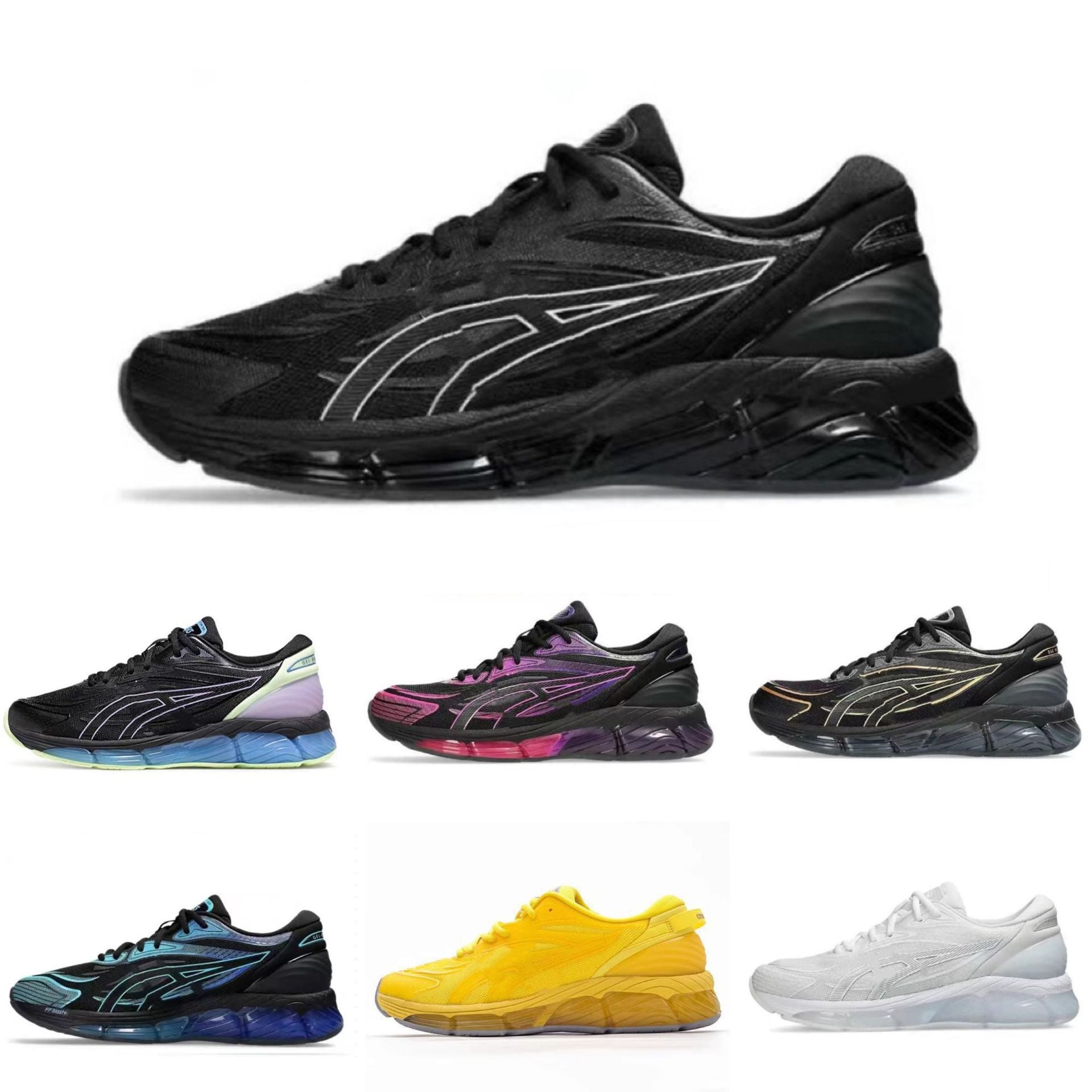 Collage of black athletic shoes with various color accents on a white background