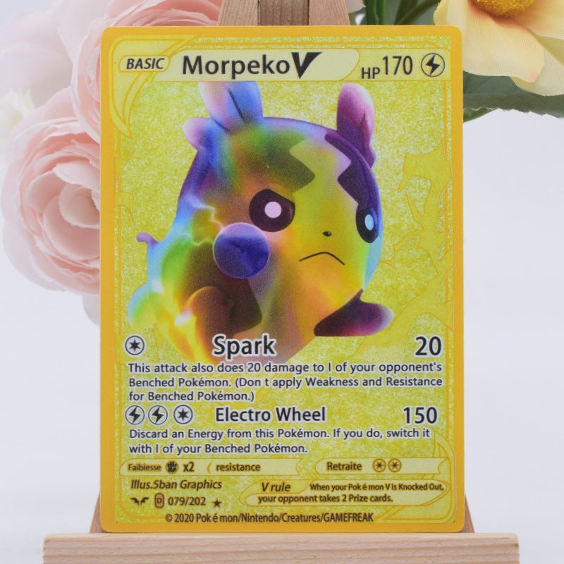A holographic Pokémon TCG card of the character Morpeko V, displayed on a small wooden easel. The card features a yellow border and a multicolored holographic Morpeko illustration with purple, green, and yellow shifts.