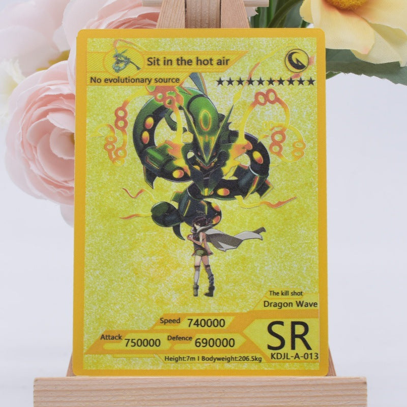 A holographic Pokémon trading card featuring the Dragon Wave card art, displayed on a small wooden stand with decorative pink flowers in the background.