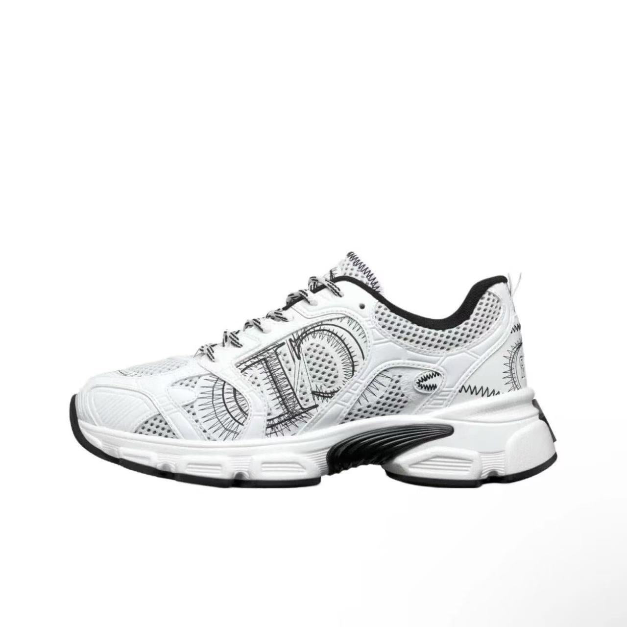 White athletic shoe with black accents on a white background