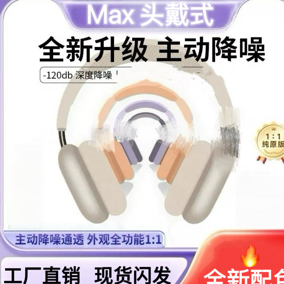 A promotional graphic for over-ear headphones with Chinese text overlays. The product is shown as a stylized 3D render with beige, peach, and lavender accents on a white background, framed by a purple border with banners reading 'Max 头戴式' and '全新升级 主动降噪'.