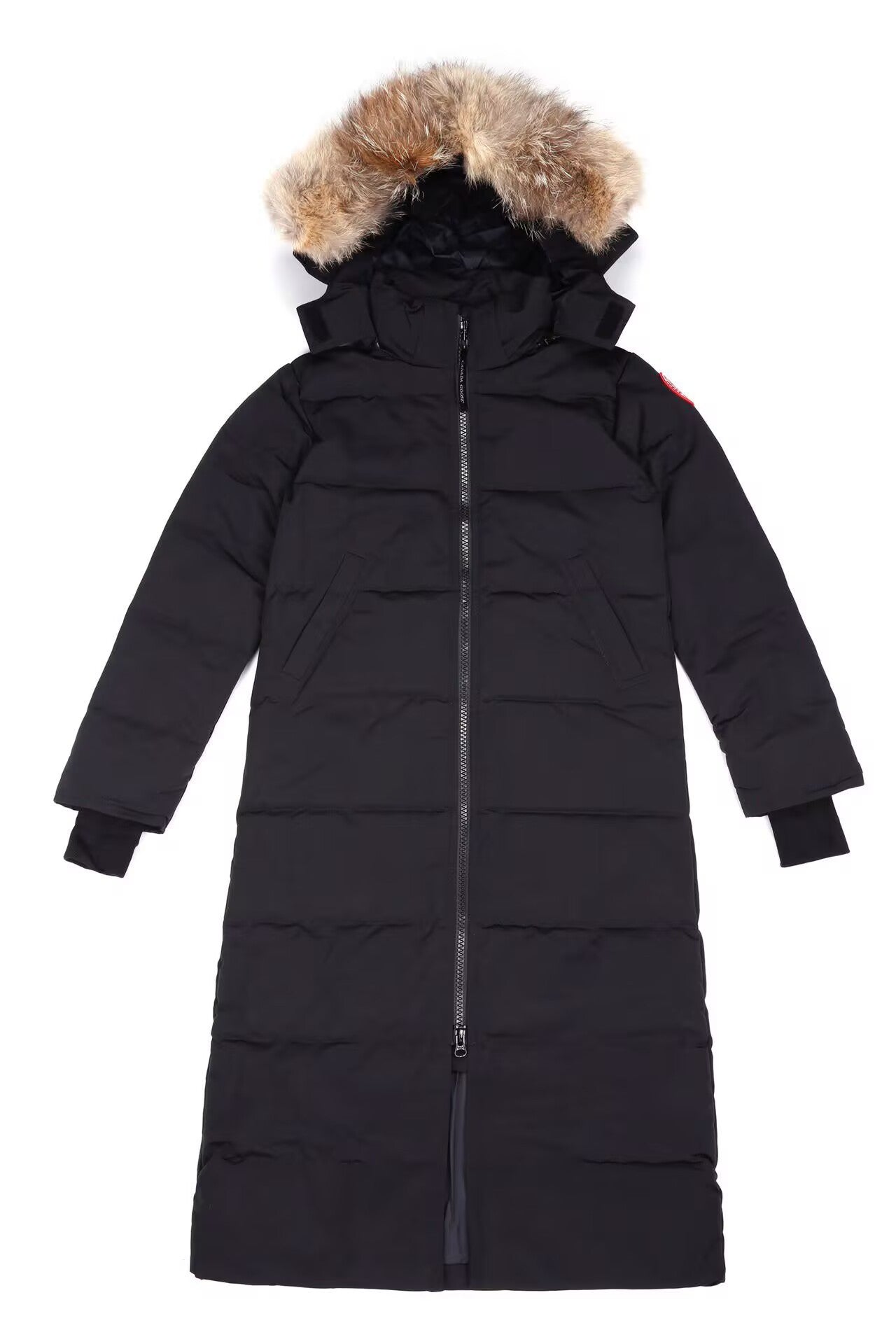 Black winter coat with fur-lined hood on a white background