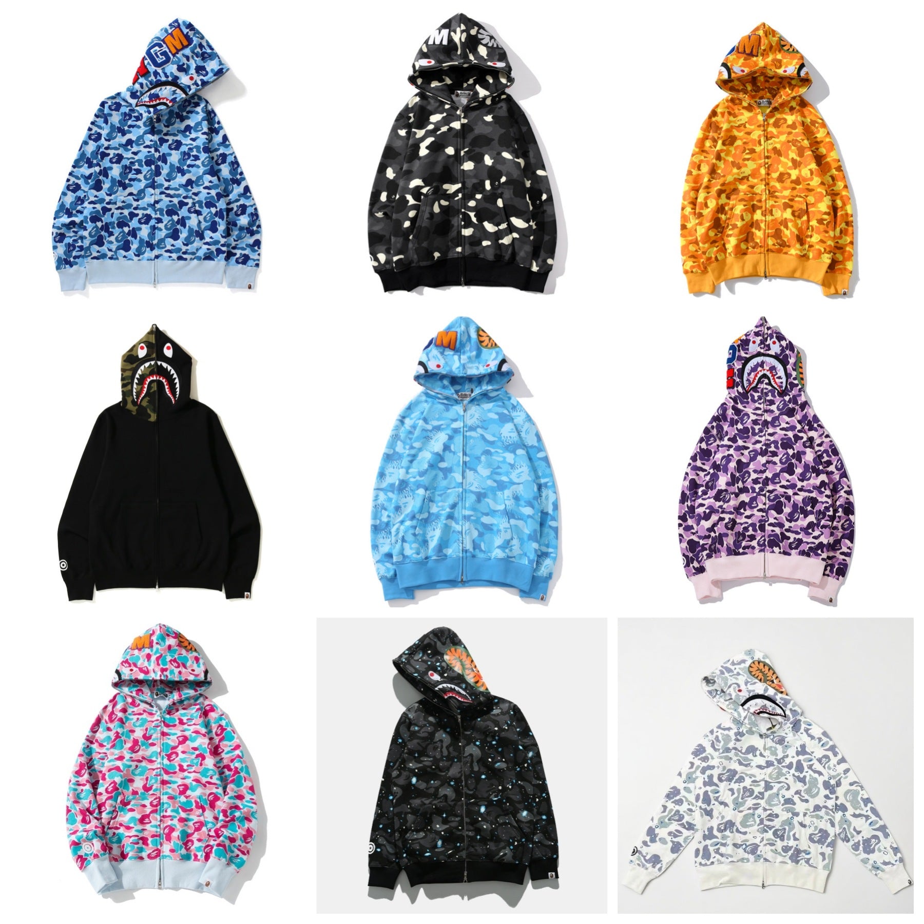 Collection of various hoodies with different patterns on a white background