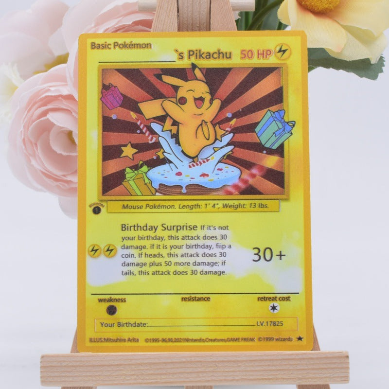 A yellow Pokémon trading card featuring Pikachu, displayed upright on a small wooden stand against a soft white background with pink and yellow flowers.
