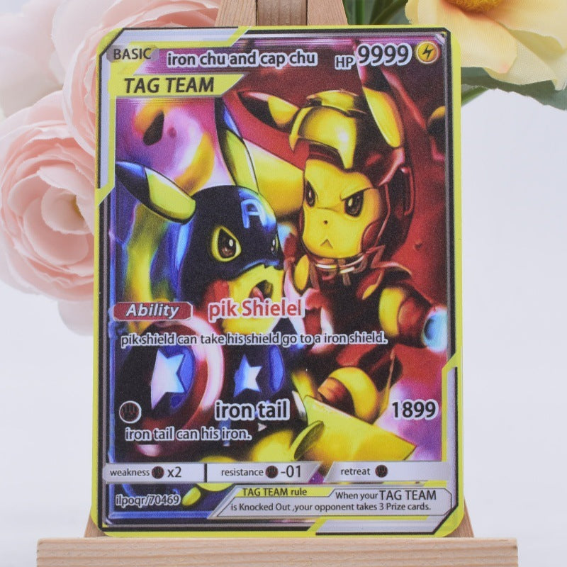 A holographic Pokémon trading card featuring Iron Chu and Cap Chu as a TAG TEAM, displayed on a small wooden stand with soft pink flowers in the background.