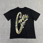 Black t-shirt with a camouflage logo on a gray background