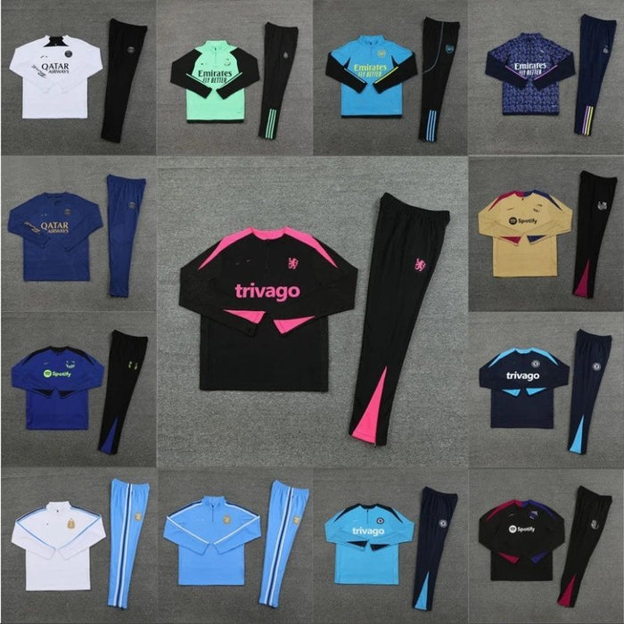 Collage of sports outfits with visible branding on a gray background