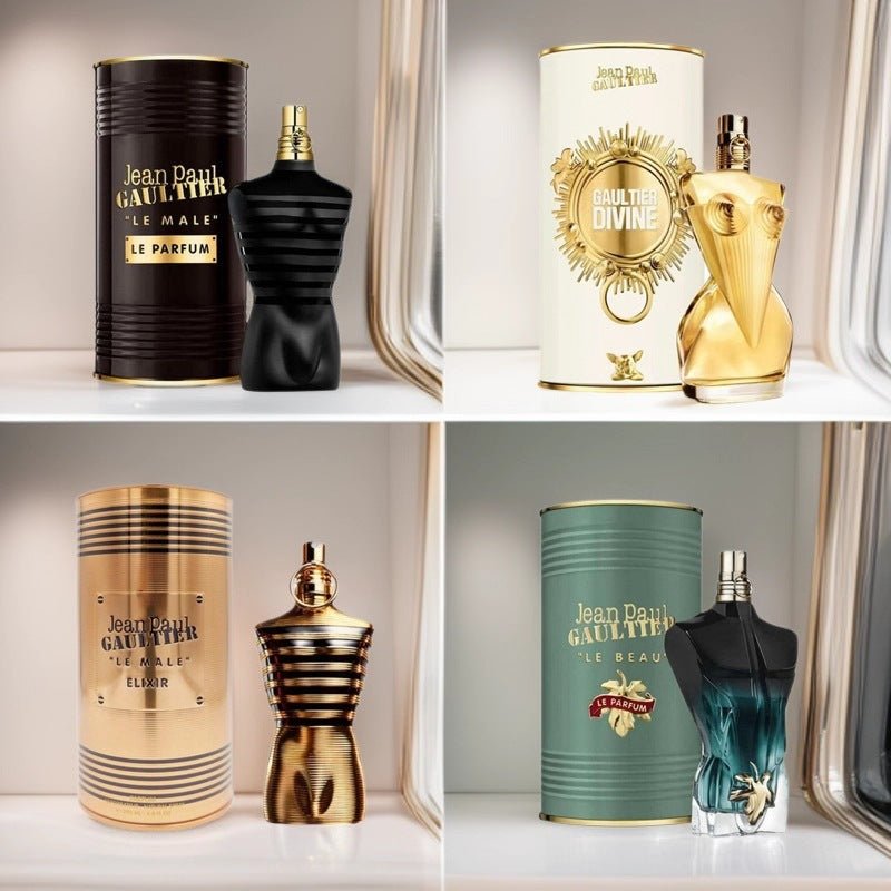 Collage of Jean Paul Gaultier perfume bottles and tins on a neutral background