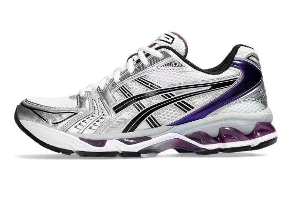 White running shoe with black and purple accents on a white background