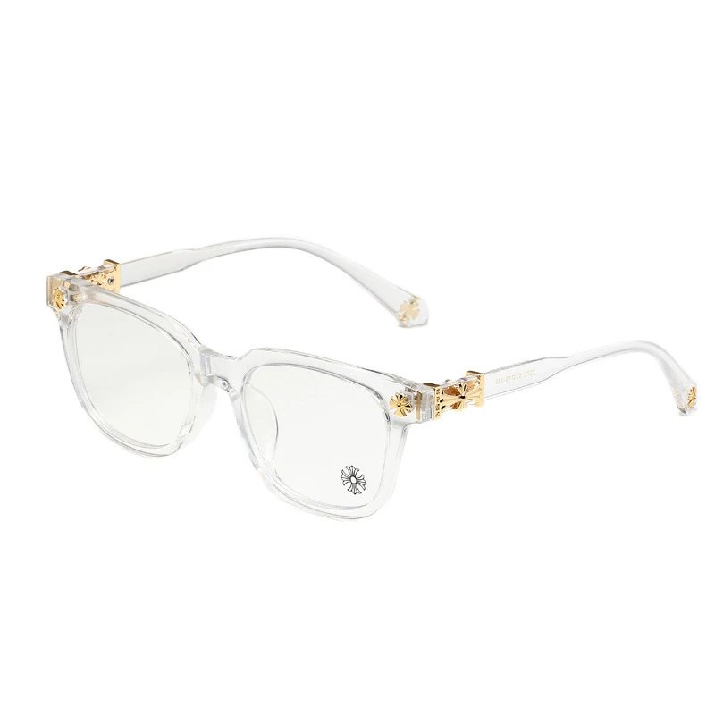 Clear eyeglasses with gold accents on a white background
