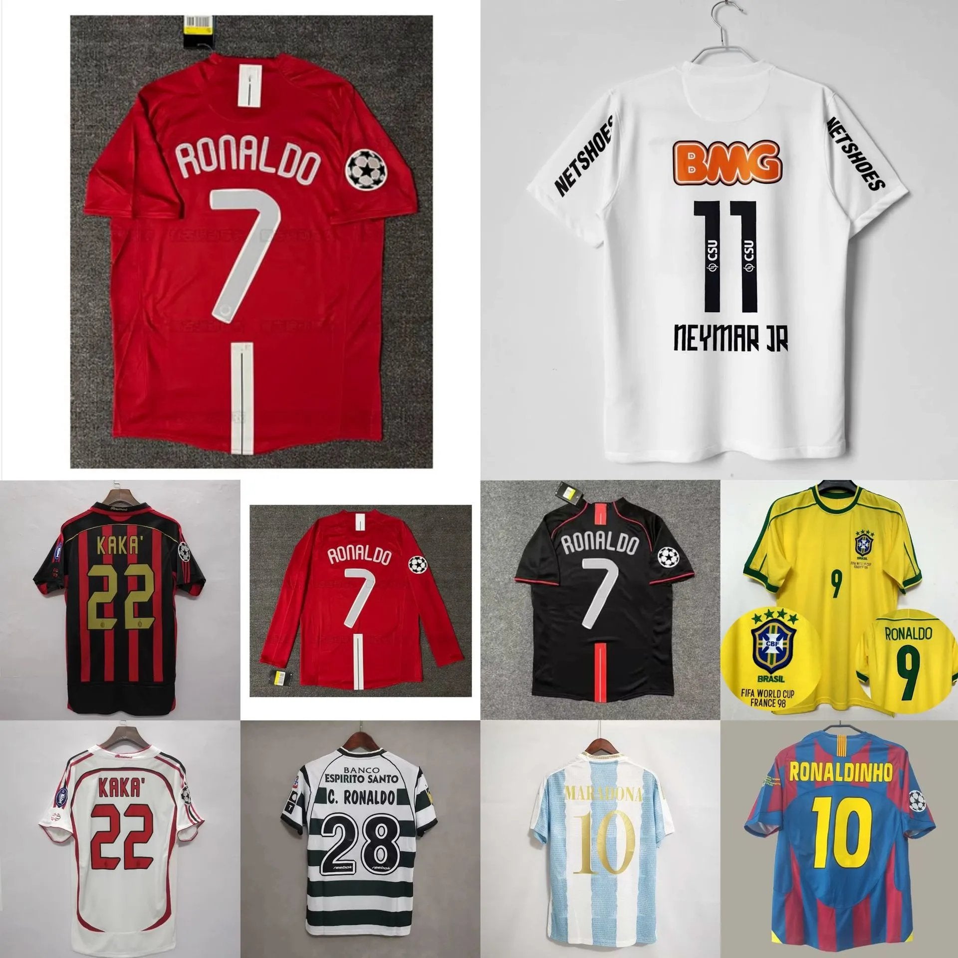 Collection of soccer jerseys with various designs and numbers on a gray background