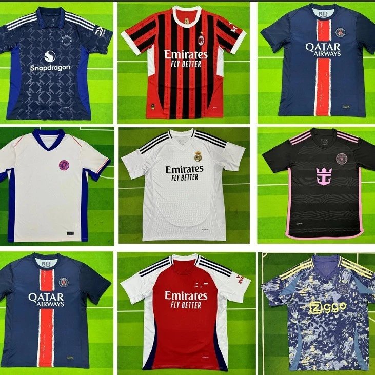 Grid of soccer jerseys with various brands on a green field background