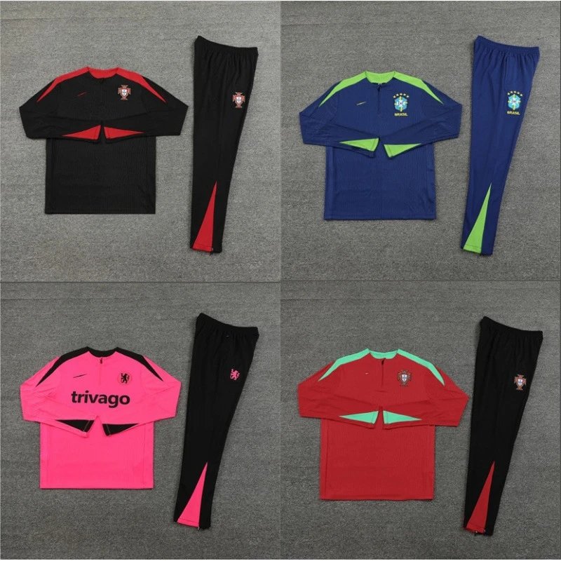 Four sets of sports outfits in different colors on a gray background