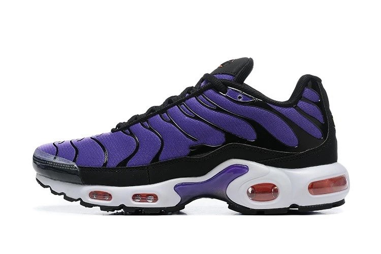 Purple and black sneaker with white sole on a white background