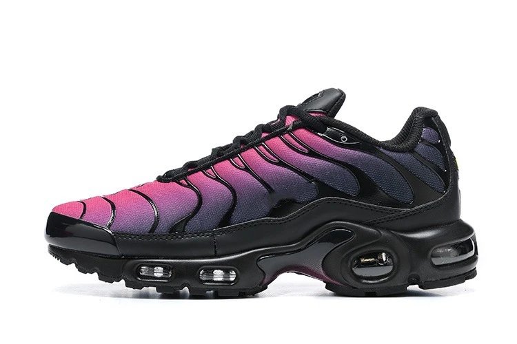 Black and pink Nike Air Max Plus sneaker on a white background