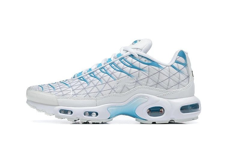 White sneaker with blue accents on a white background