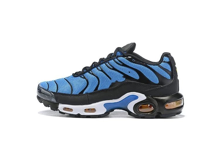 Blue and black sneaker with white sole on a white background
