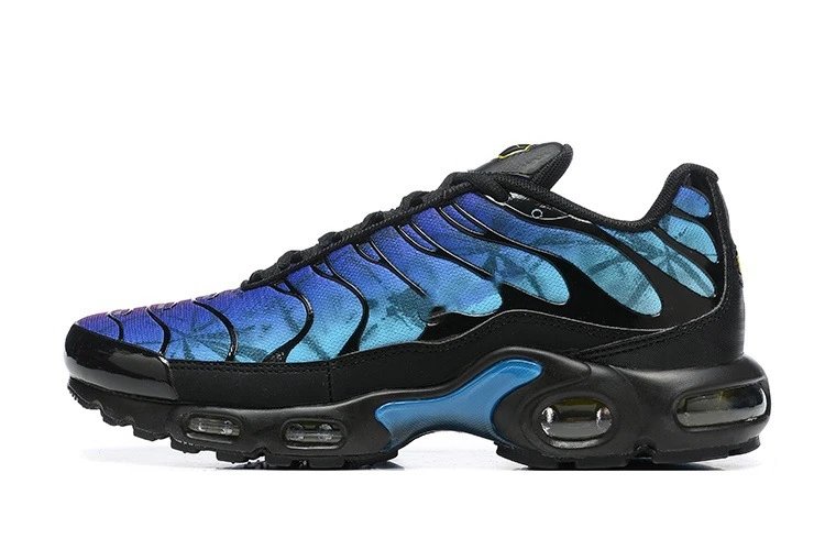 Black and blue sneaker with a gradient design on a white background