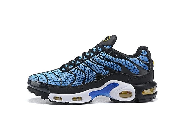 Blue and black sneaker with white sole on a white background
