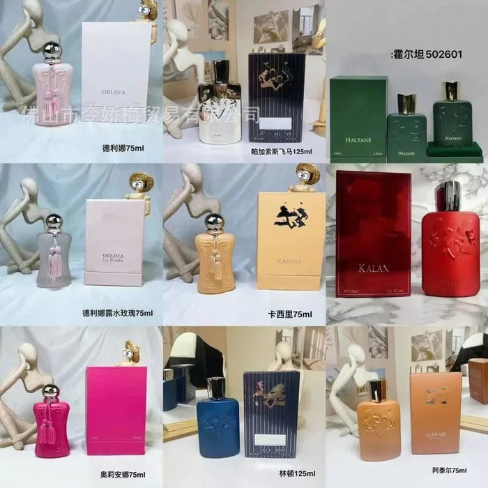 Collage of various perfume bottles and boxes on a neutral background