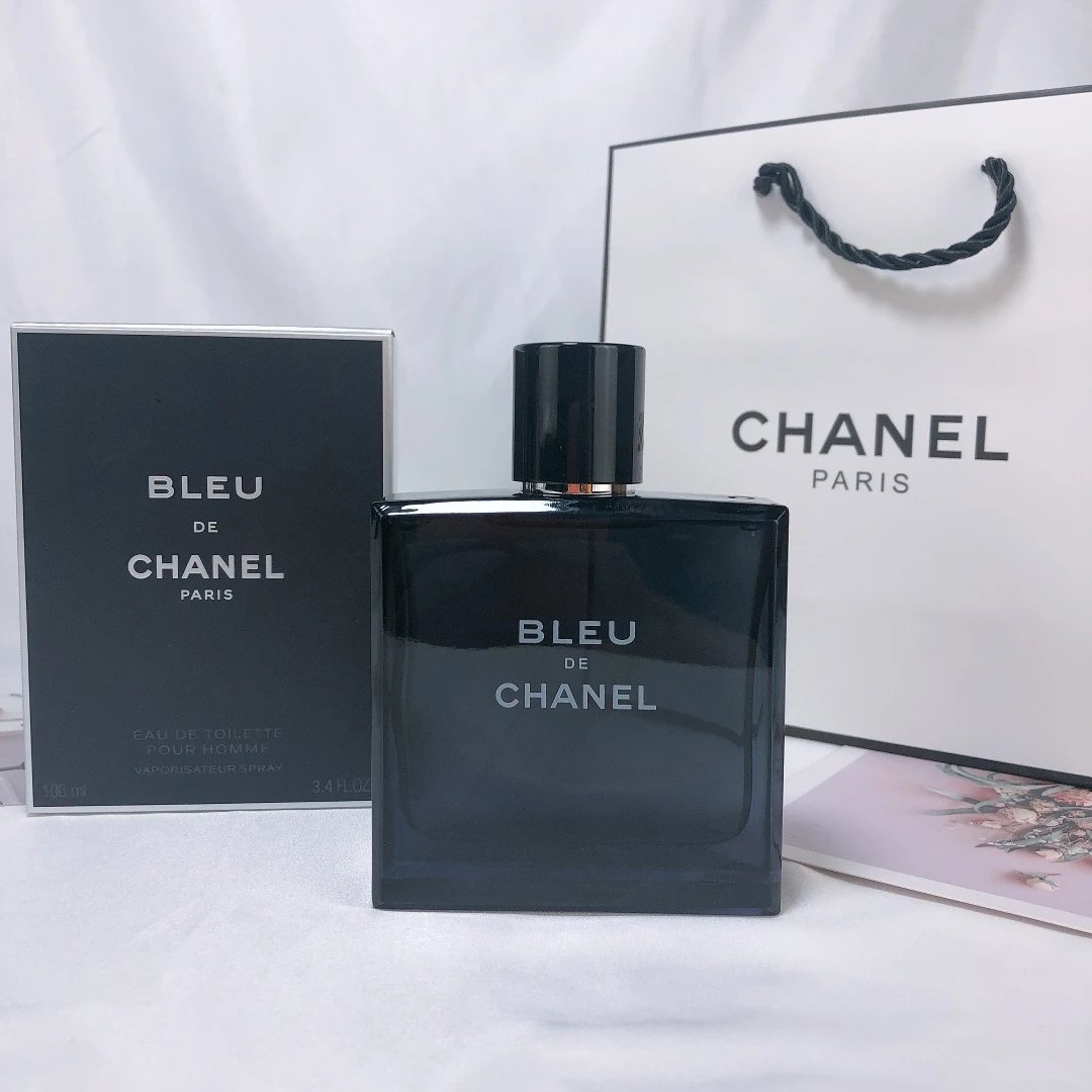 Bleu de Chanel perfume bottle with packaging on a white background