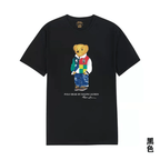 Black t-shirt with colorful bear graphic and text on a white background