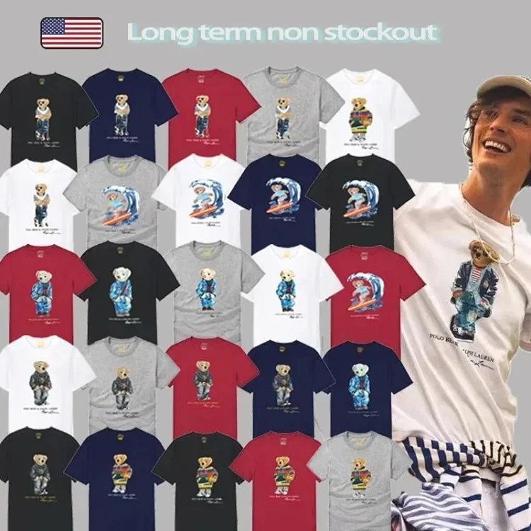 Collection of t-shirts with bear graphics and a person wearing a white t-shirt with a bear graphic.