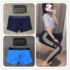 Collage of Tommy Hilfiger boxer briefs, a person wearing black pants with white stripes, and branded boxes.