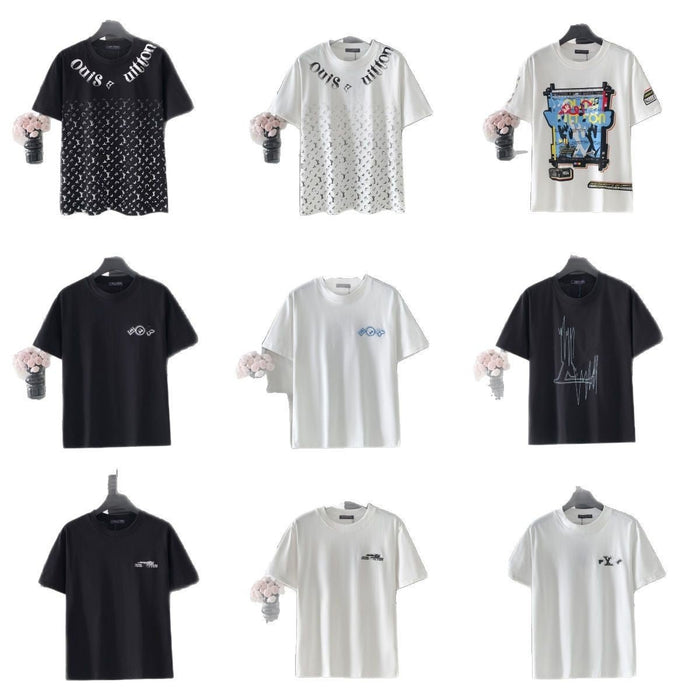 Collection of various t-shirts on hangers with different designs and colors.