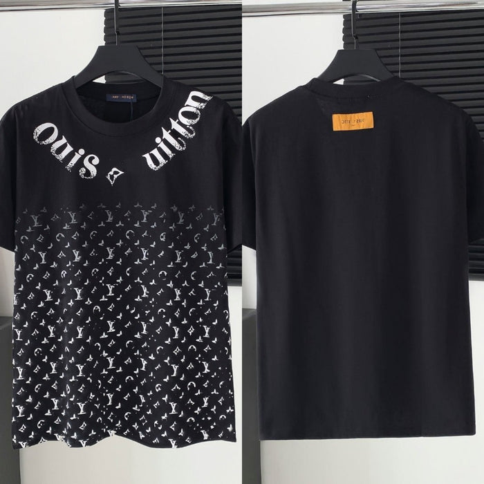 Two black t-shirts with brand logos on hangers against a neutral background