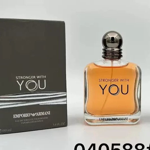 Emporio Armani perfume bottle and packaging with 'Stronger with You' text on a white background